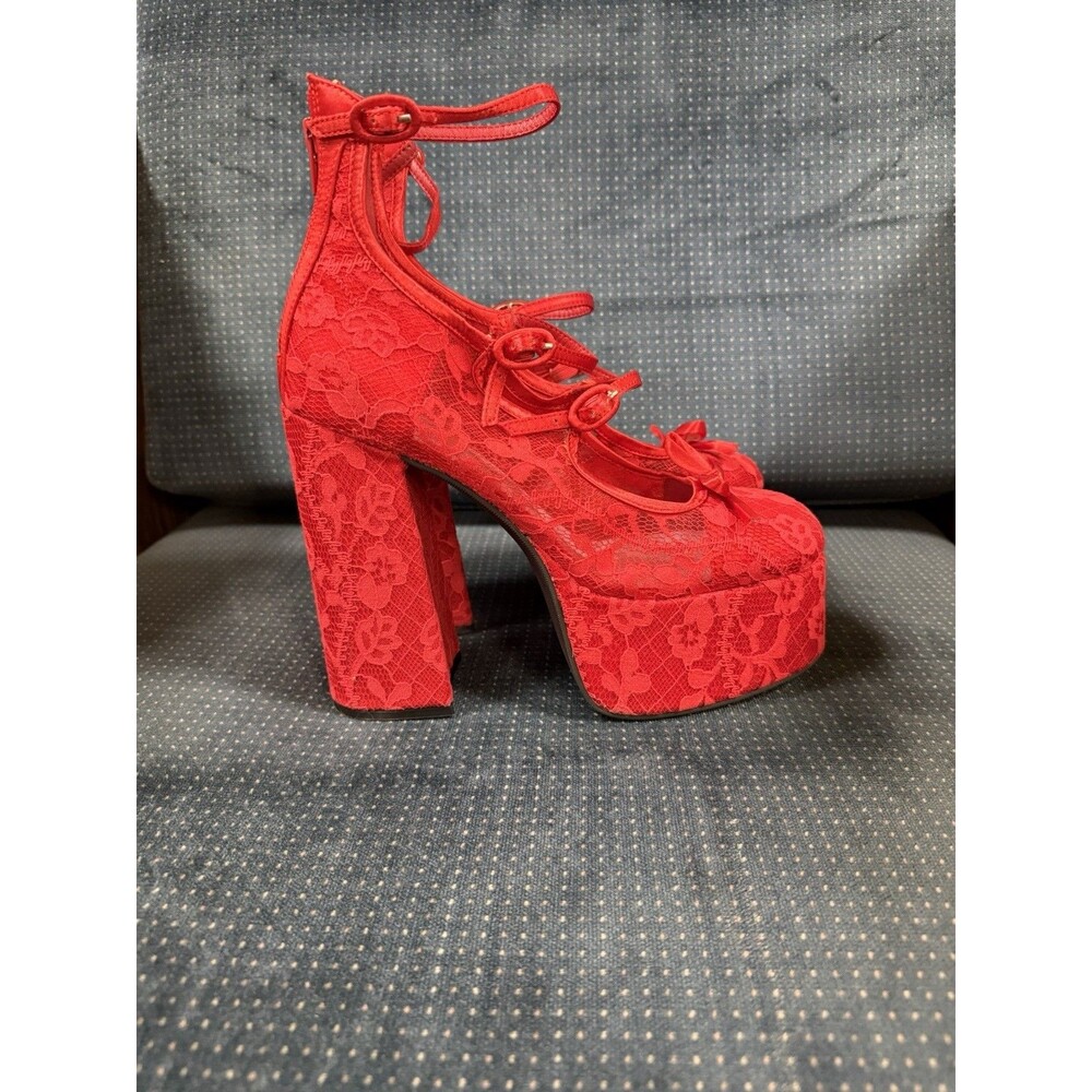 SUGAR THRILLZ LOVE SMILING MELODY RED LACE PLATFORM HEELS SIZE 10